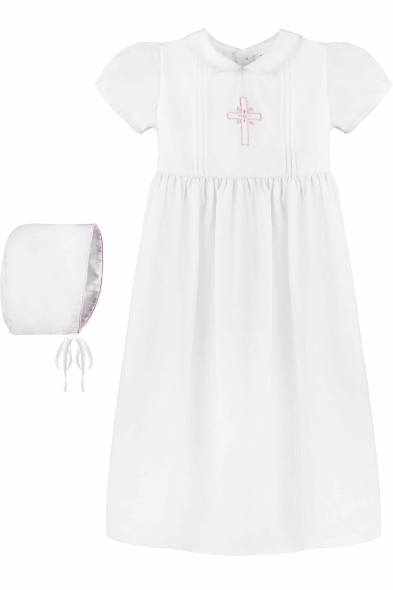 Baby Girl Christening Gown Pink Embroidered Cross with Bonnet 2