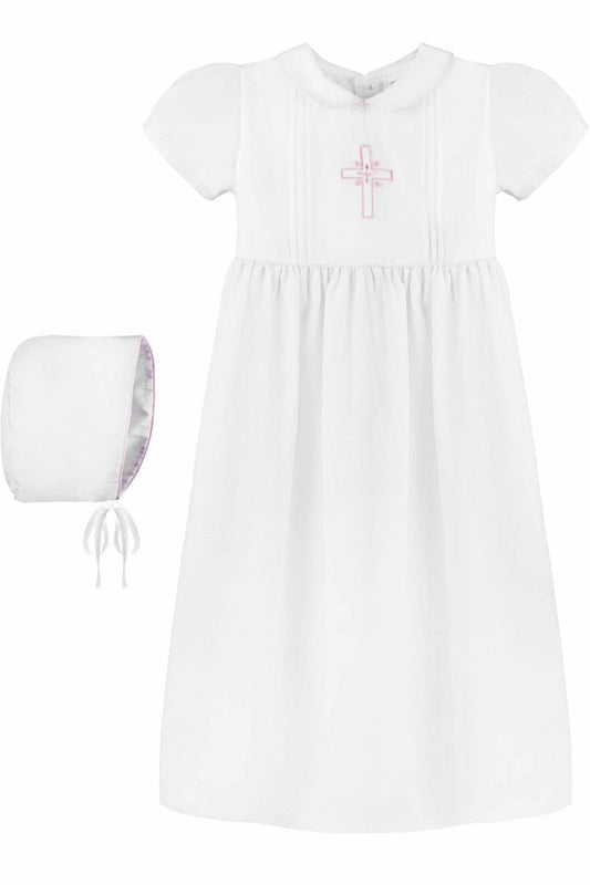 Baby Girl Christening Gown Pink Embroidered Cross with Bonnet 2