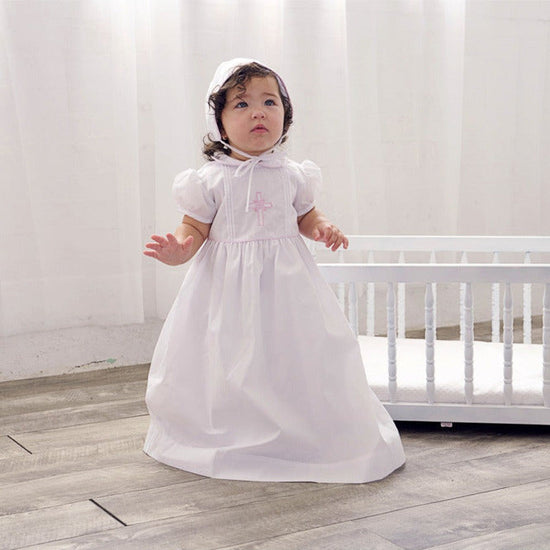 Baby Girl Christening Gown Pink Embroidered Cross with Bonnet 5