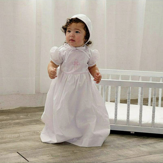 Baby Girl Christening Gown Pink Embroidered Cross with Bonnet - 3M Baby Girl Christening Gown Pink Embroidered Cross with Bonnet - 3M