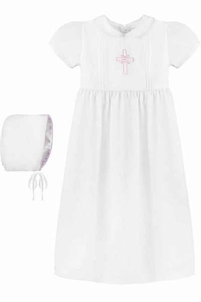 Pink Embroidered Cross Baby Girl Christening Gown with Bonnet - Carriage Boutique