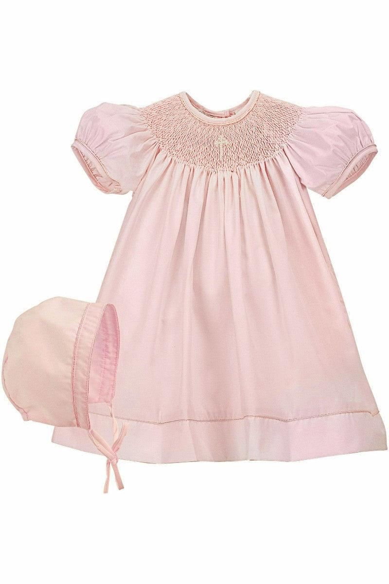 Hand Smocked Pearl Cross Baby Girl Christening Bishop Dress - Carriage Boutique