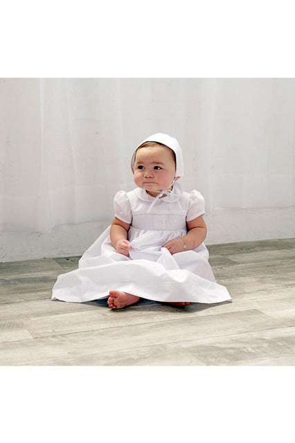 White Smocked Cross Baby Christening Gown with Bonnet 5 - Carriage Boutique