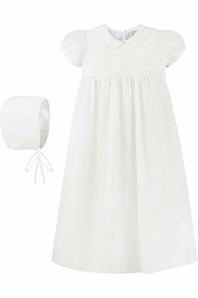 White Smocked Cross Baby Christening Gown with Bonnet - Carriage Boutique