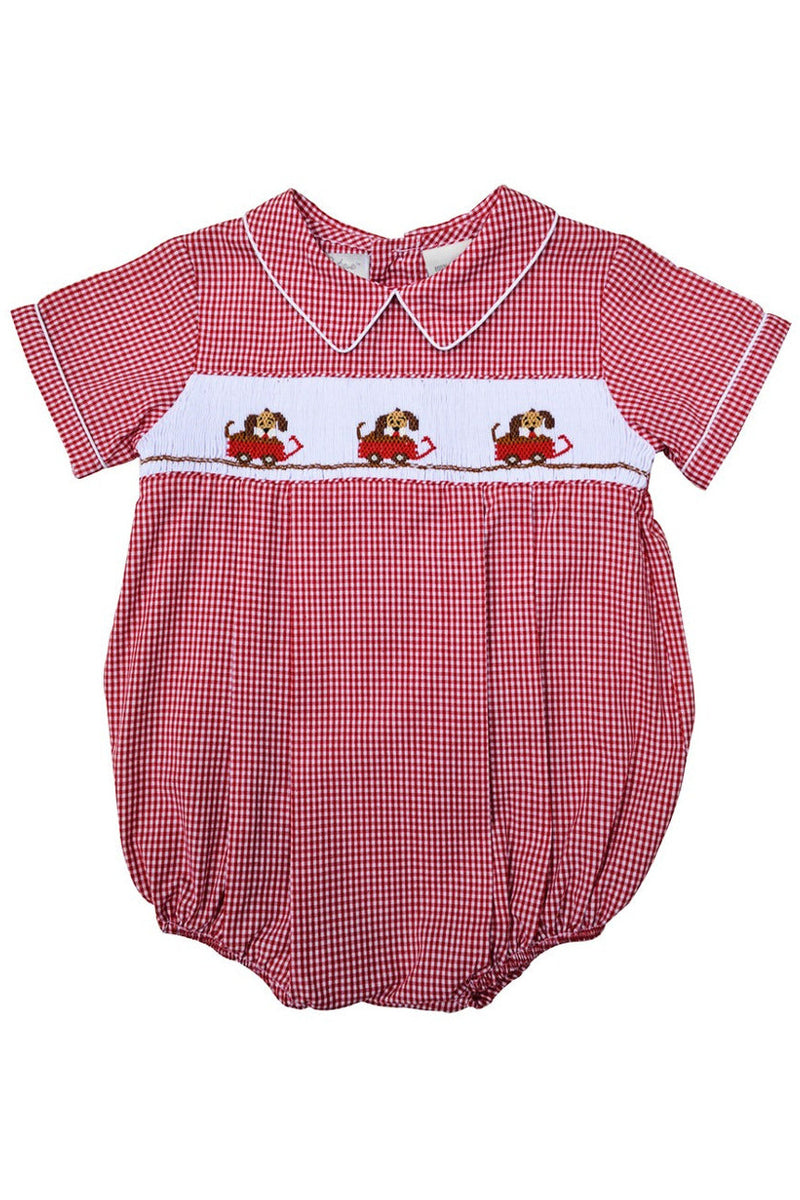 Carriage Boutique Hand Smocked Classic Baby Boys Rompers - Dogs in Wagon