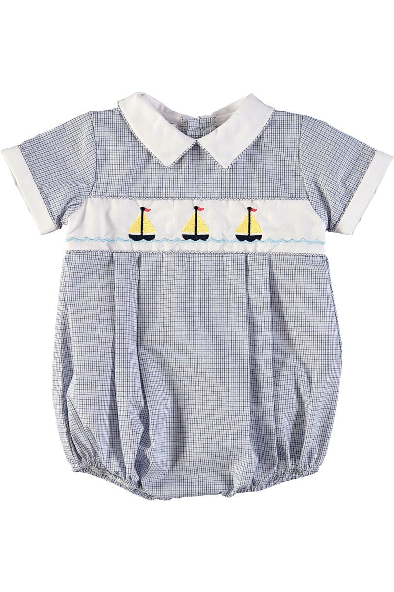 Embroidered Sailboats Baby Boy Bubble Romper - Carriage Boutique