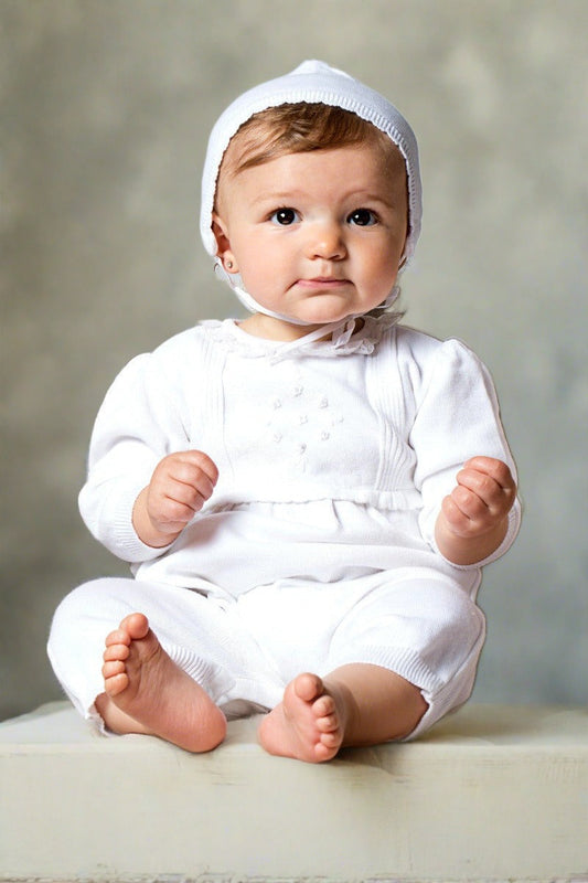 Hand Embroidered Flowers Baby Girl Christening Outfit with Bonnet 2 - Carriage Boutique