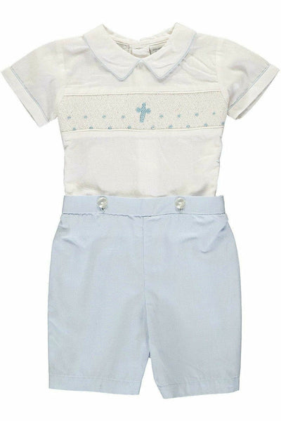 Hand Smocked Blue Cross Baby Boy Christening Bobby Suit - Carriage Boutique