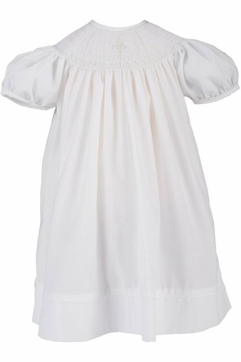 Hand Smocked Christening Pearl Cross Baby Girl Bishop Dress with Bonnet 2 - Carriage Boutique