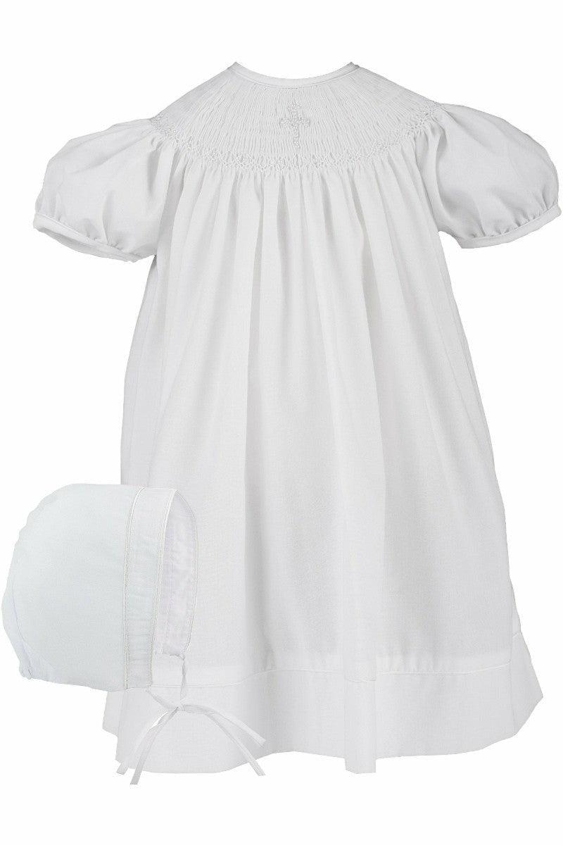 Hand Smocked Christening Pearl Cross Baby Girl Bishop Dress Carriage Boutique Hand Smocked Christening Pearl Cross Baby Girl Bishop Dress Carriage Boutique