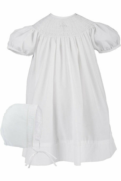 Hand Smocked Christening Pearl Cross Baby Girl Bishop Dress with Bonnet  - Carriage Boutique