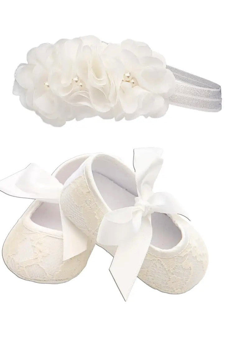 Ivory Lace Baptism Shoes & Headband Set for Baby Girls - Carriage Boutique