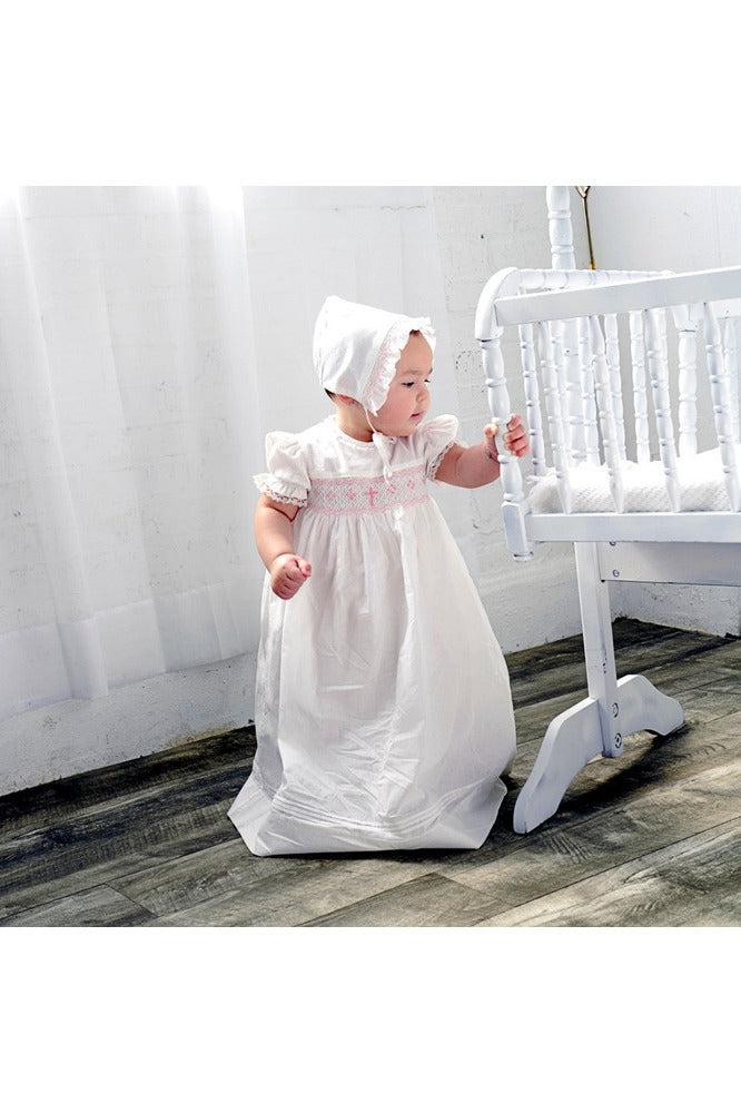 Long Bullion Cross Baby Girl Christening Gown with Bonnet 2 - Carriage Boutique