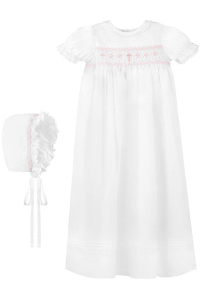 Long Bullion Cross Baby Girl Christening Gown with Bonnet - Carriage Boutique