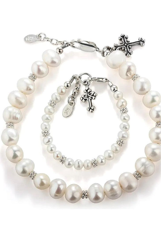 Mom and Me 2-Piece Bracelet Set - Baby Baptism Gift With Cross - Carriage Boutique