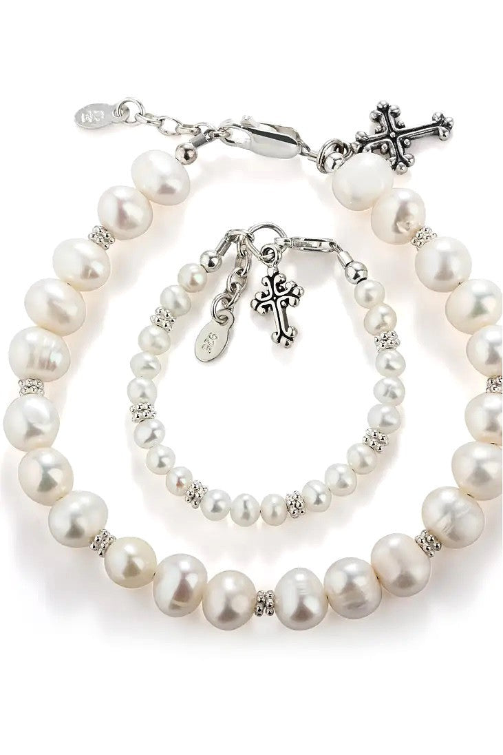 Mom and Me 2-Piece Bracelet Set - Baby Baptism Gift With Cross - Carriage Boutique