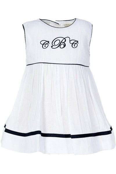 Personalized  Monogram White and Navy Baby Girl Sleeveless Dress - Carriage Boutique