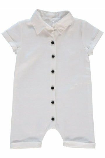 White Linen Baby Boy Romper with Collar