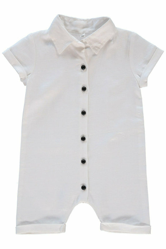 White Linen Baby Boy Romper with Collar