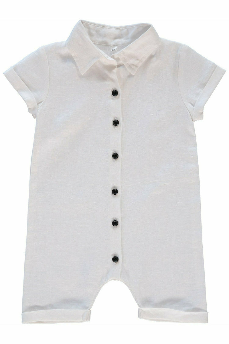White Linen Baby Boys Romper with Collar