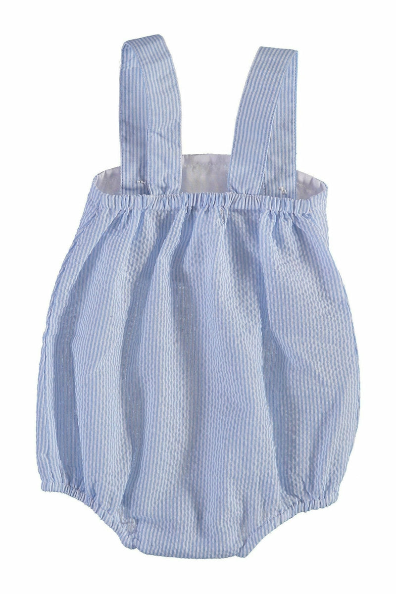 Sleeveless Seersucker Baby Boy Bubble Romper Back View  - Carriage Boutique 