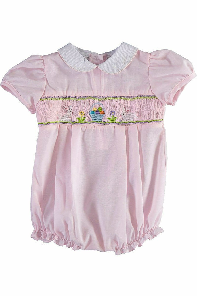 Smocked Bunnies Short Sleeve Baby Girl Bubble Romper Easter Outfit