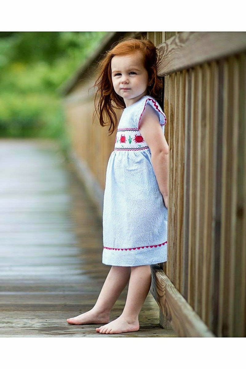 Smocked Crabs Blue Striped Girl Dress (Babies & Toddlers) 2 - Carriage Boutique