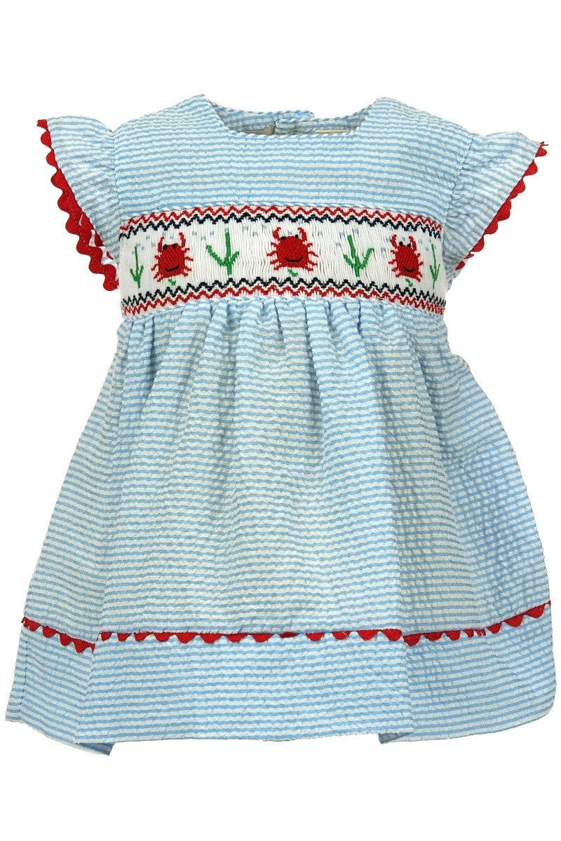 Smocked Crabs Blue Striped Girl Dress (Babies & Toddlers) - Carriage Boutique
