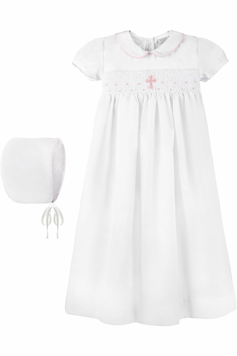 Smocked Pink Cross Baby Girl Christening Gown with Bonnet - Carriage Boutique