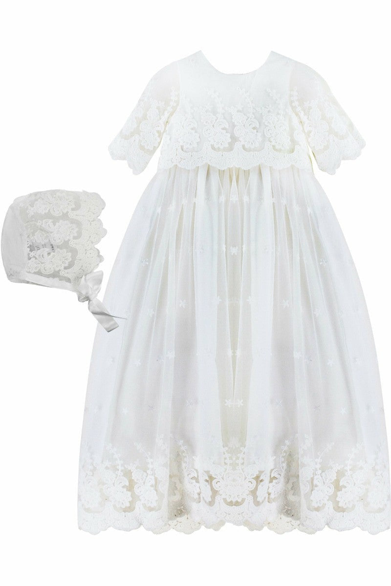 Star Lace Baby Girl Christening Gown with Bonnet 2 - Carriage Boutique
