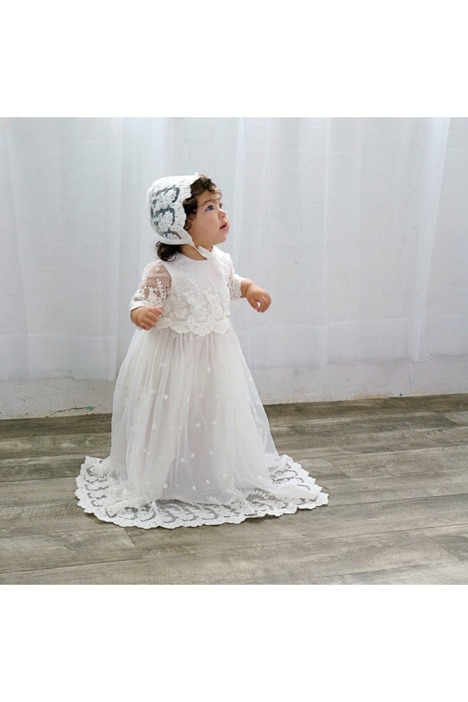 Star Lace Baby Girl Christening Gown with Bonnet - Carriage Boutique