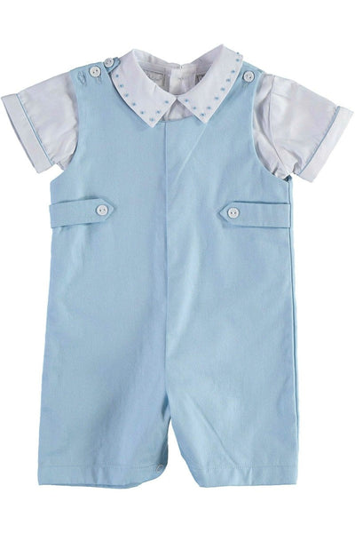 Swiss Blue Shortall Baby Boy Romper with Shirt - Carriage Boutique