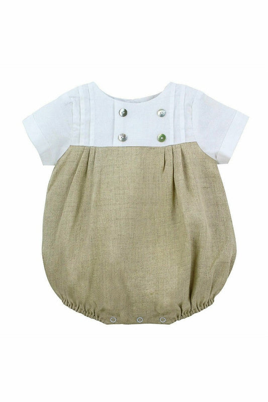 Carriage Boutique Tan & White Baby Boy Bubble Romper with Bonnet 2