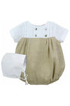 Carriage Boutique Tan & White Baby Boy Bubble Romper with Bonnet