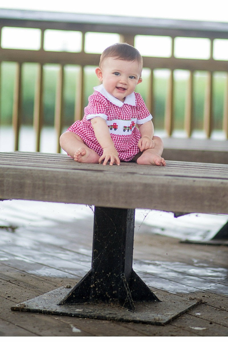 Smocked Watermelon Truck Baby Boy Bubble Romper Red 2   - Carriage Boutique