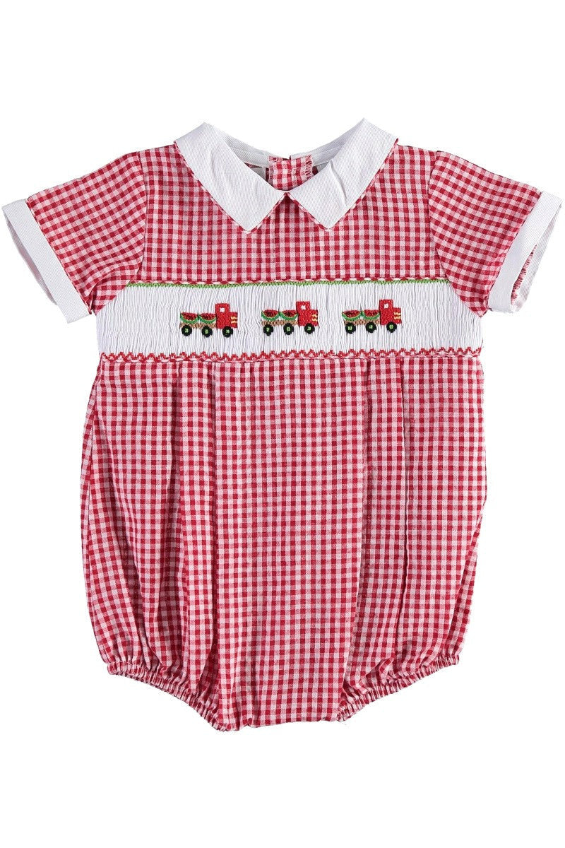 Smocked Watermelon Truck Baby Boy Bubble Romper Red   - Carriage Boutique