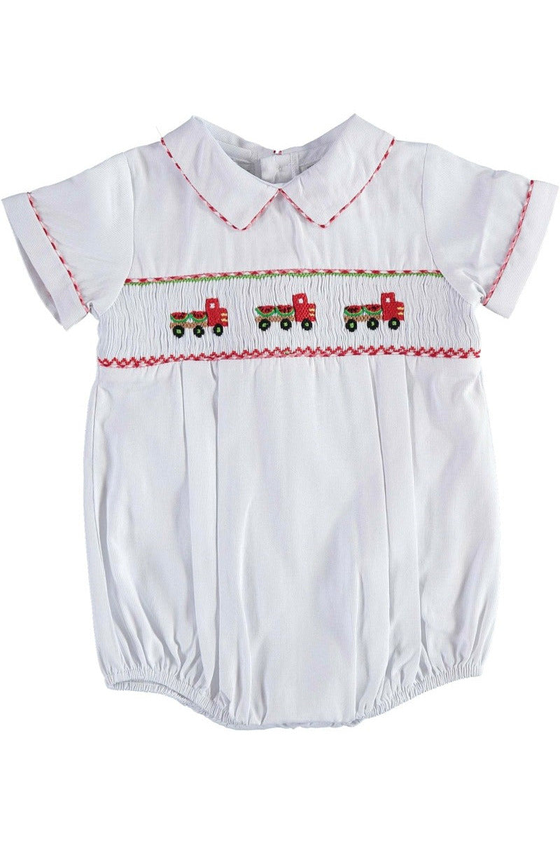Smocked Watermelon Truck Baby Boy Bubble Romper White   - Carriage Boutique